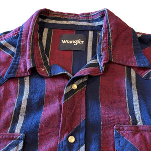 Wrangler Mens Vintage XL Burgundy and Navy Striped Long Sleeve Flannel Shirt